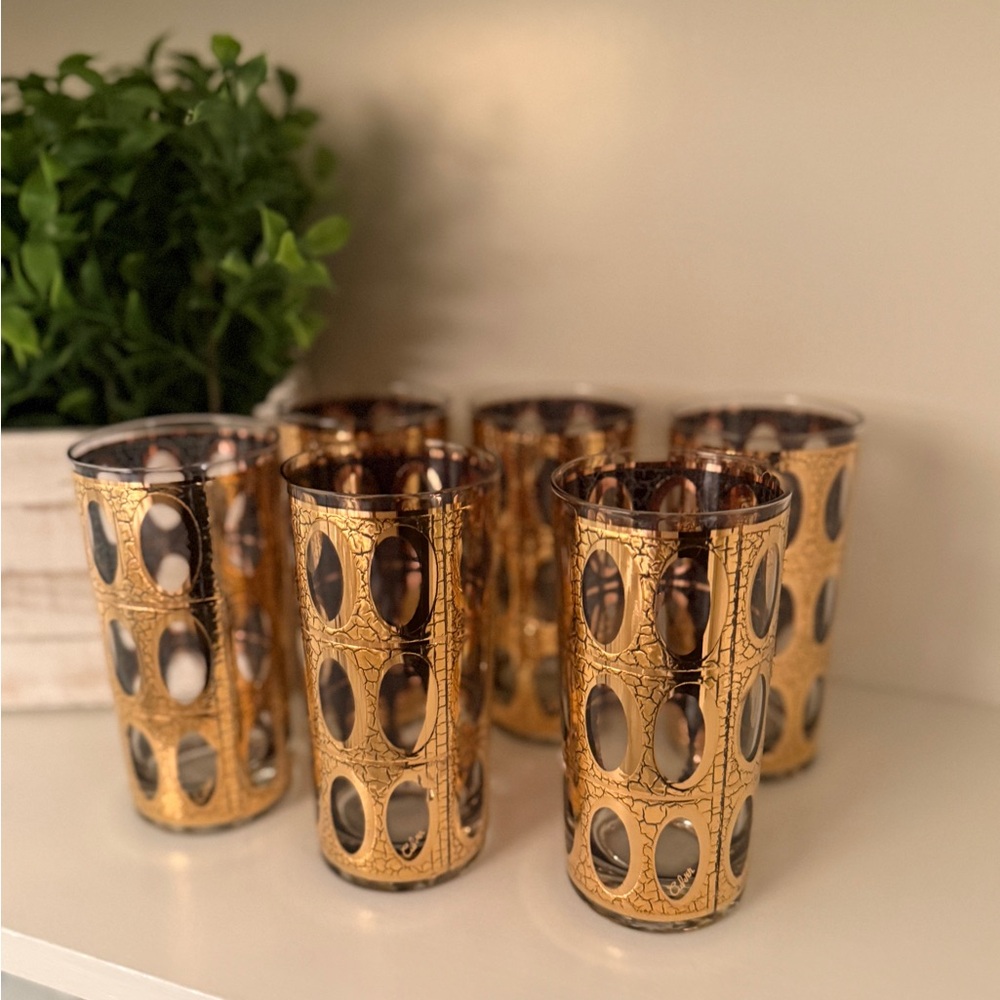 Culver Pisa Crackled 22k Gold Barware set 6 High Ball Glasses Vintage MCM